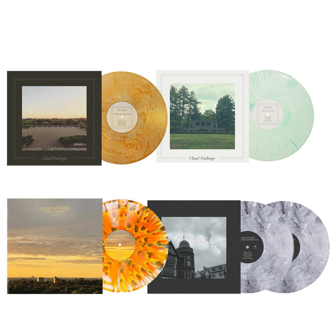 Three Cloud Nothings vinyl records are shown with album covers, featuring yellow marbled, green marbled, orange-yellow splatter, and gray marbled vinyl. This set celebrates the Here And Nowhere Else 10th Anniversary.