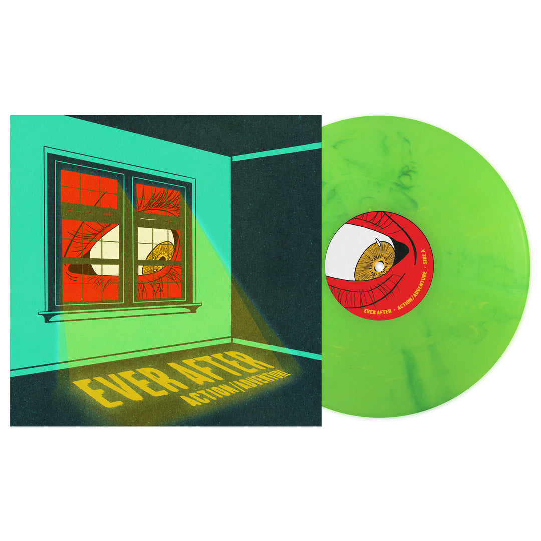 A lime green Sundrop Marble Vinyl LP by Action/Adventure with an illustrated cover showing a cat’s eyes through a window. Sunlight casts “Ever After Action/Adventure” onto the empty room’s floor during the presale.