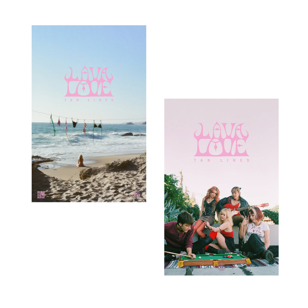 LAVALOVE Double Sided Poster: Left side shows a beach scene with clothes on a line; right side features five people outdoors and a pink guitar. Pink retro-style text on both sides. Size: 11x17 inches.