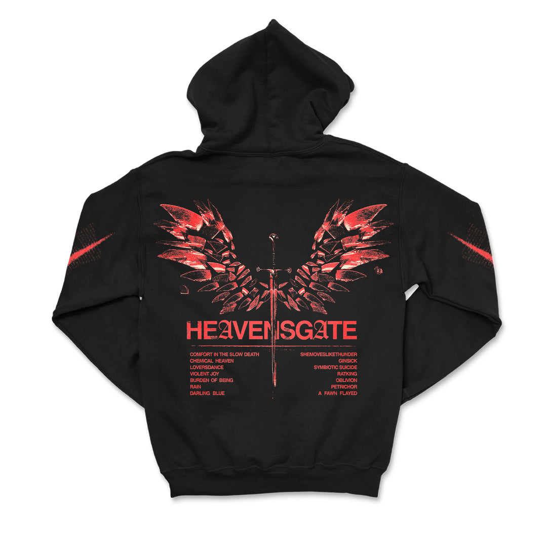 Heavensgate black hoodie featuring a red wings and sword graphic on the back, bold red "HEAVENSGATE" and "ANGEL HYMNS" lettering, plus a list of song titles or phrases below in smaller red text.