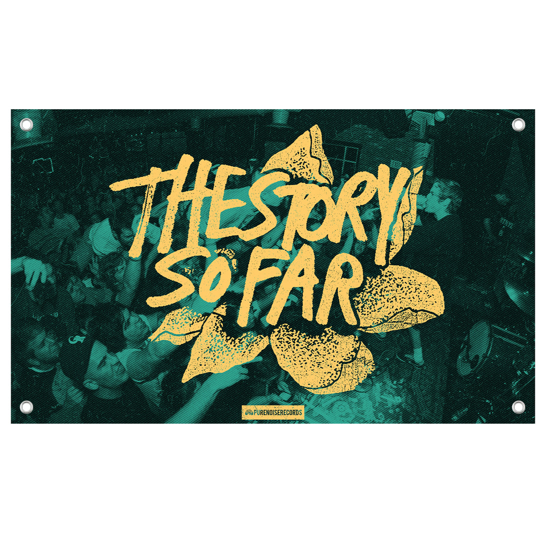A concert crowd cheers under bold yellow text "THE STORY SO FAR" with potato chip graphics and a small Pure Noise Records logo—ideal as a custom wall flag or 3x5 flag for fans of The Story So Far.