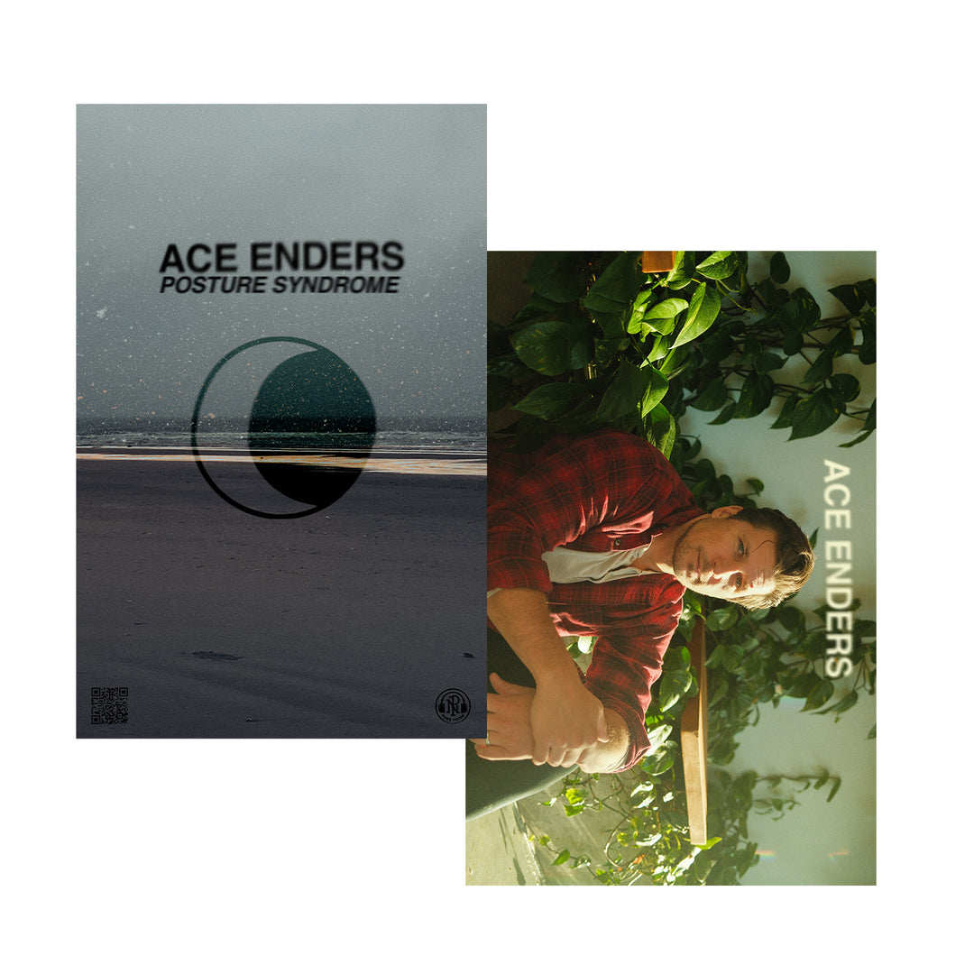 This vibrant 11x17 Ace Enders poster features two overlapping album covers: the left shows a dusk beach with a dark half-circle and "Posture Syndrome," while the right displays a man in red by plants with "Ace Enders" written vertically.