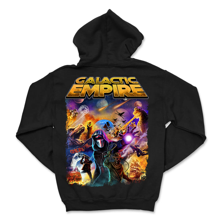 Galactic Empire hoodie in black with a bold, sci-fi design on the back, showcasing masked figures, spaceships, planets, and explosions in a vibrant, dramatic style.