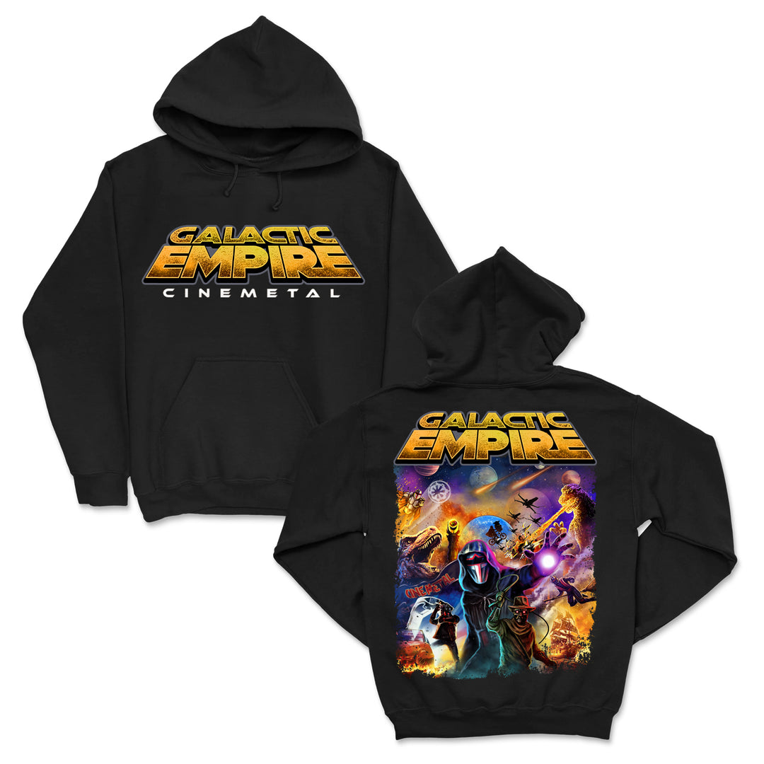 The Galactic Empire Cinemetal Black hoodie features bold Cinemetal text on the front and vibrant sci-fi characters, lightning effects, and the Galactic Empire logo across the back.