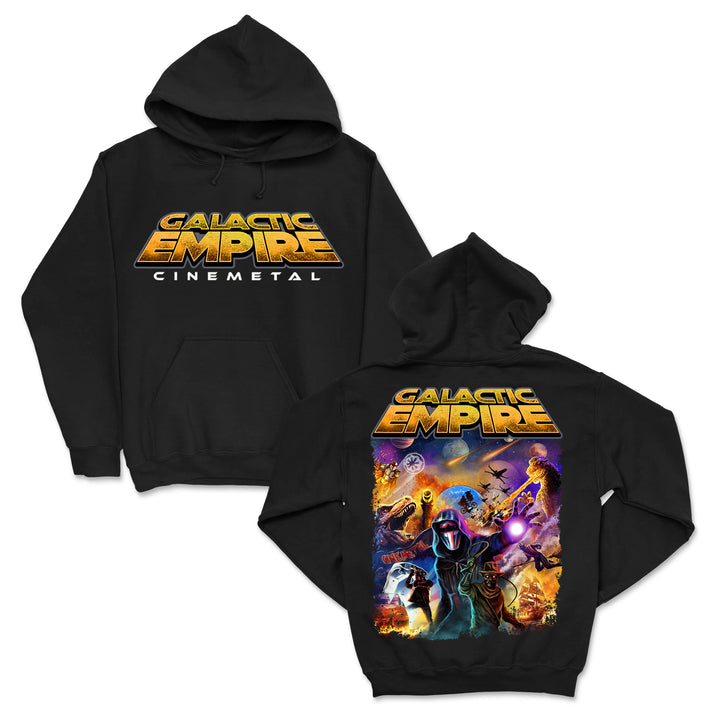 The Galactic Empire Cinemetal Black hoodie features bold Cinemetal text on the front and vibrant sci-fi characters, lightning effects, and the Galactic Empire logo across the back.