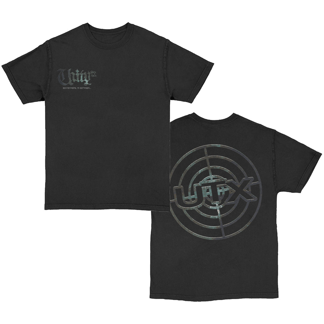 Front and back view of a black UNITYTX Comfort Colors t-shirt. The front features gothic "UNITYTX" text at the chest, while the back showcases a large circular target graphic with UNITYTX across the center—ideal for custom apparel fans.