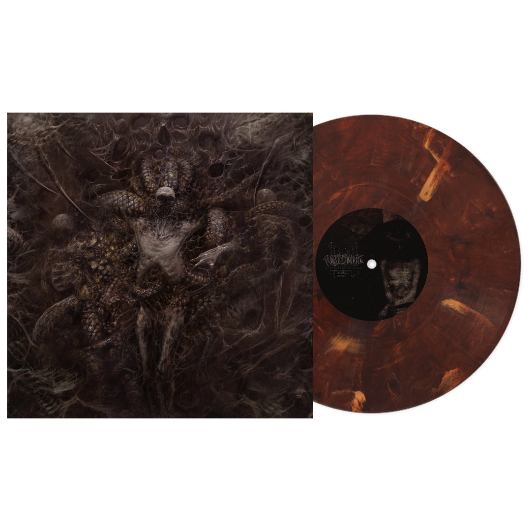 A Spessartite Marble Vinyl by Vomit Forth is shown beside its album cover with intricate, shadowy artwork. Secure your "In the Name of the Father" LP now during the exclusive presale.