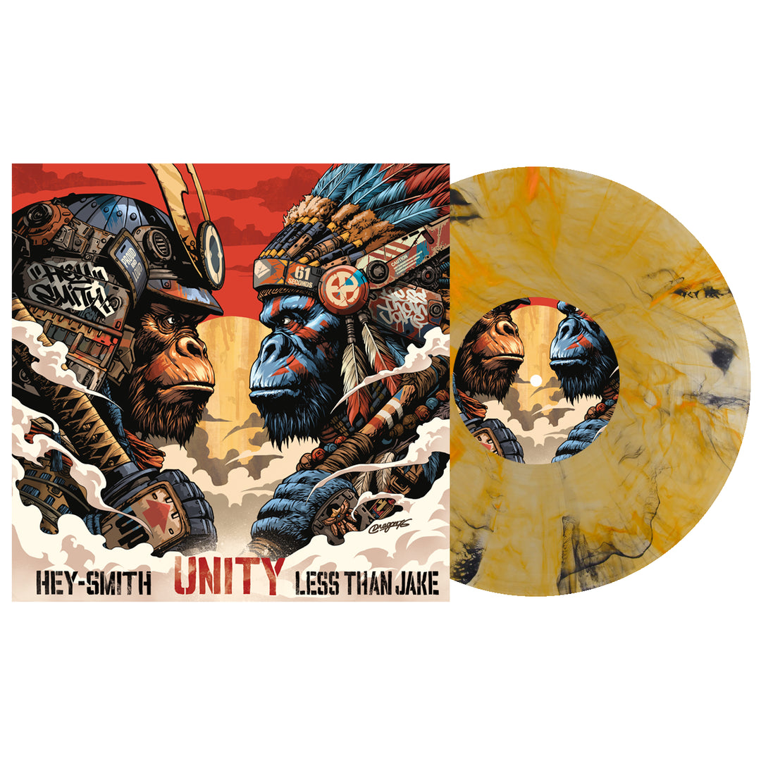 An album cover shows two illustrated apes in warrior helmets facing off, with Less Than Jake boldly displayed. A marbled yellow vinyl pressing sits next to the vibrant artwork.