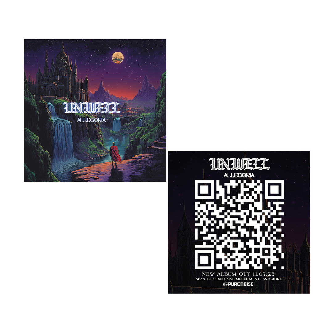 Two square images: one shows a fantasy landscape with a castle, waterfall, full moon, and cloaked figure; the other features the same Allegoria-inspired scene faded behind a QR code and UNWELL album release details. Brand: Unwell.