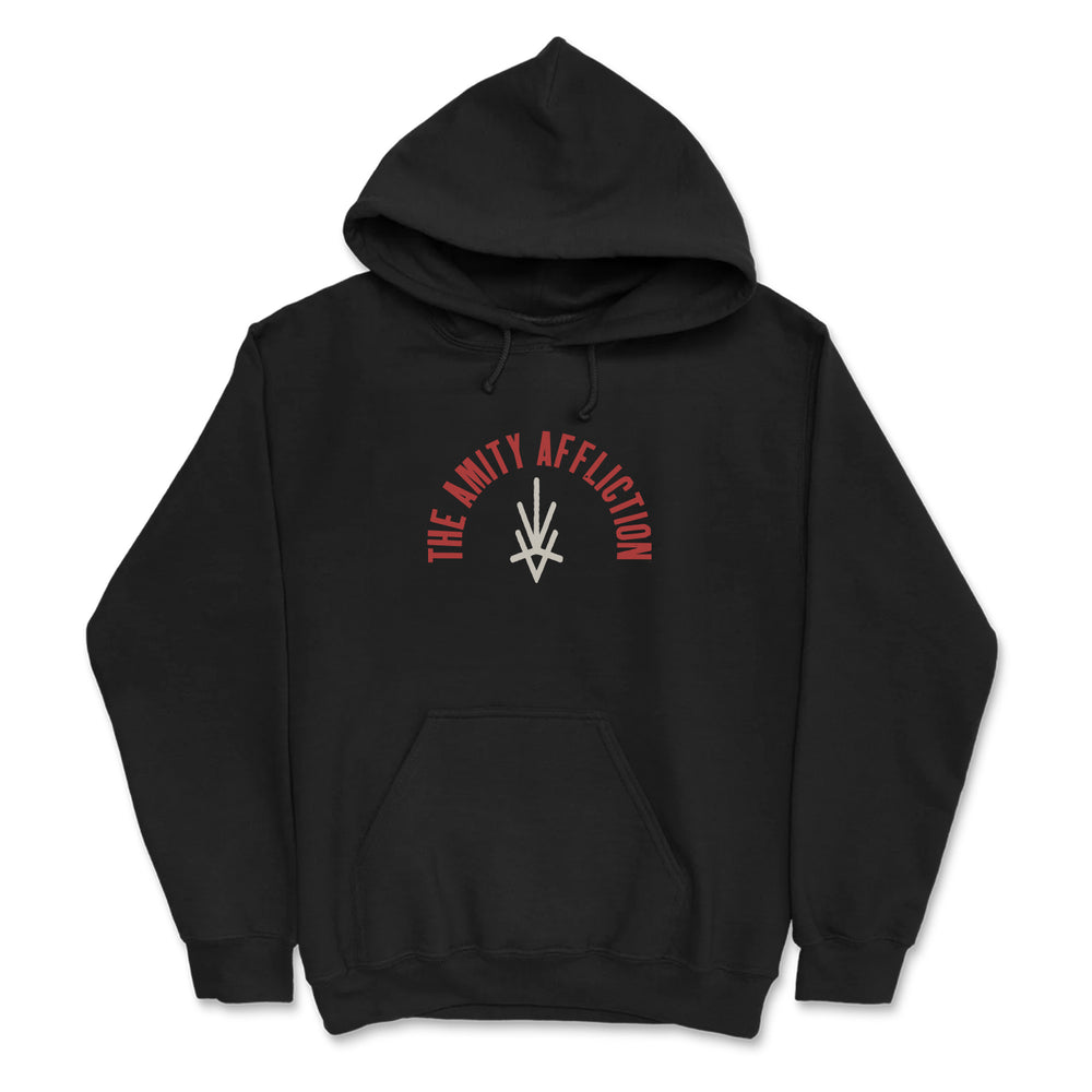 A black The Amity Affliction hoodie with bold red arched text and a white logo on the chest, plus a front pocket and drawstring hood for comfort and style.