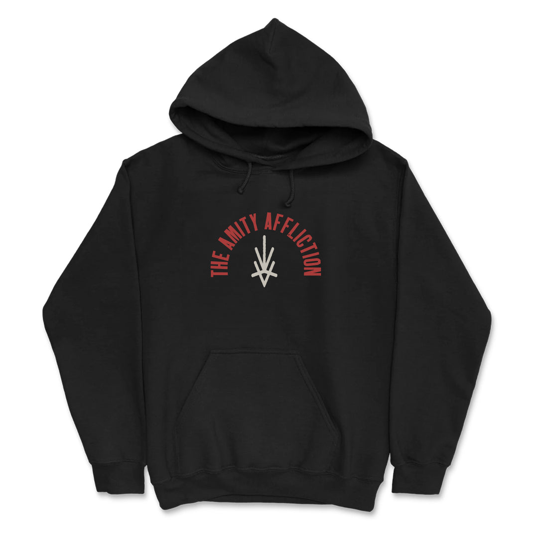 A black The Amity Affliction hoodie with bold red arched text and a white logo on the chest, plus a front pocket and drawstring hood for comfort and style.