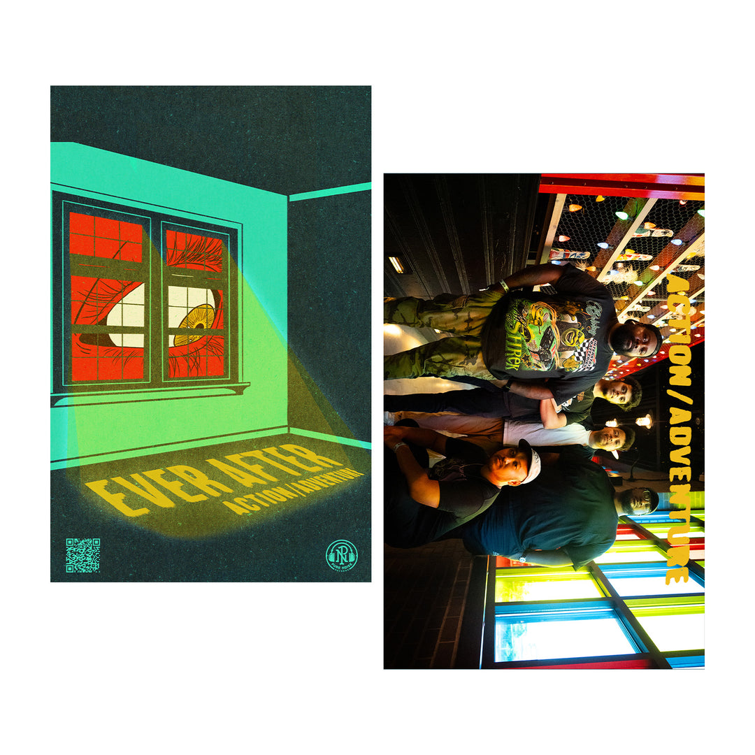 Split image: On the left, a poster shows a lit window with Ever After by Agustina Woodgate. On the right, smiling people pose indoors beneath the Action/Adventure brand name.