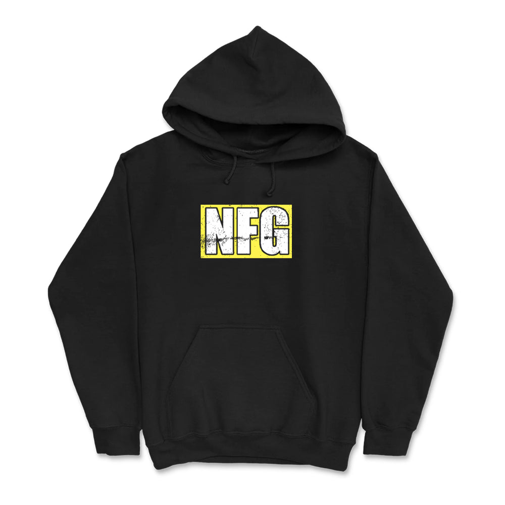 The New Found Glory black hooded sweatshirt features bold, distressed white "NFG" letters outlined in yellow on the chest, with a front pocket and drawstring hood—ideal for layering over your favorite black bra.
