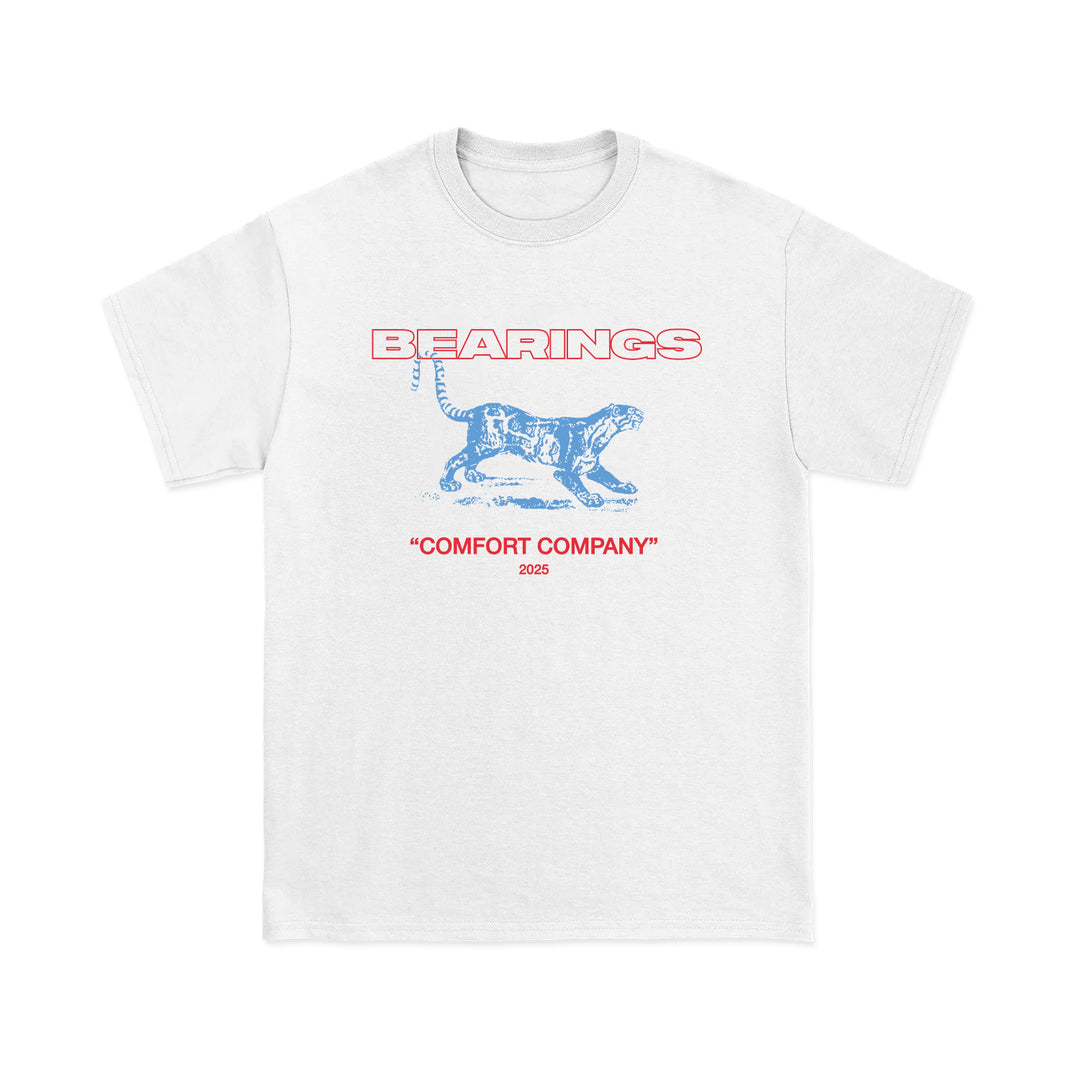Bearings Tiger White T-shirt with a bold blue tiger graphic, red BEARINGS text above, and “‘COMFORT COMPANY’ 2023” below. The vintage design features a striking Tiger White theme from Bearings.