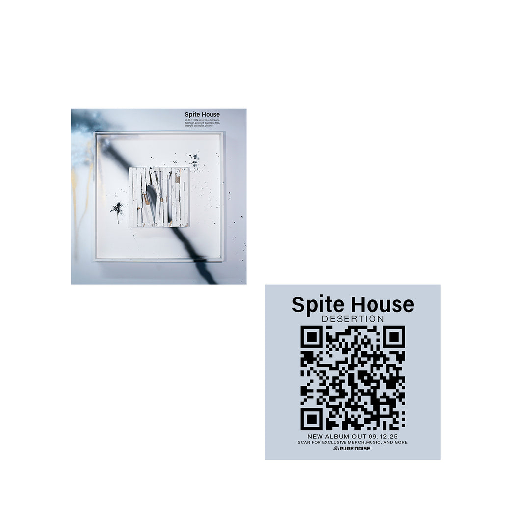 A square album cover features abstract art and the text Spite House Desertion. Below is a blue square with a QR code, 12.25 release date, and instructions to scan for music from Spite House’s @urplanetrose.