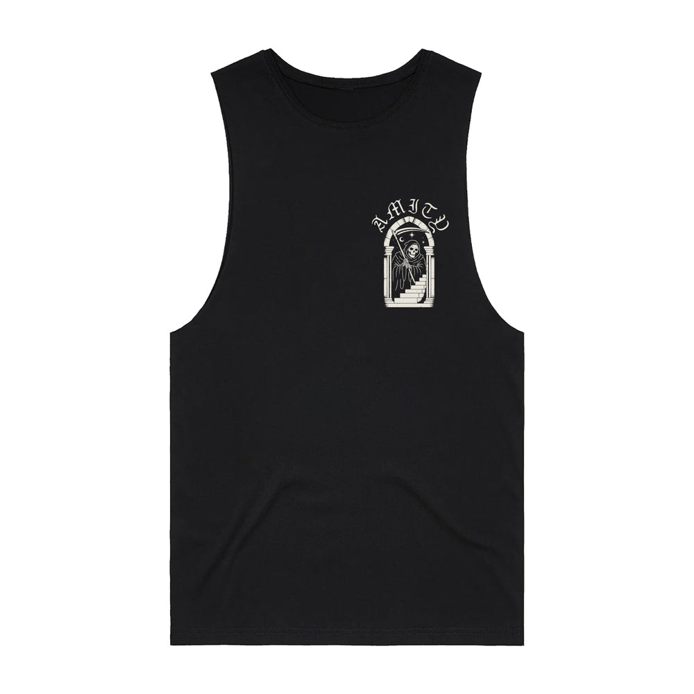 A black sleeveless tank top by The Amity Affliction featuring a small left chest graphic with "AMITY" above a staircase and archway—ideal for fans of custom band apparel.
