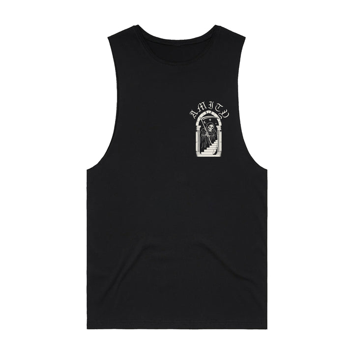 A black sleeveless tank top by The Amity Affliction featuring a small left chest graphic with "AMITY" above a staircase and archway—ideal for fans of custom band apparel.