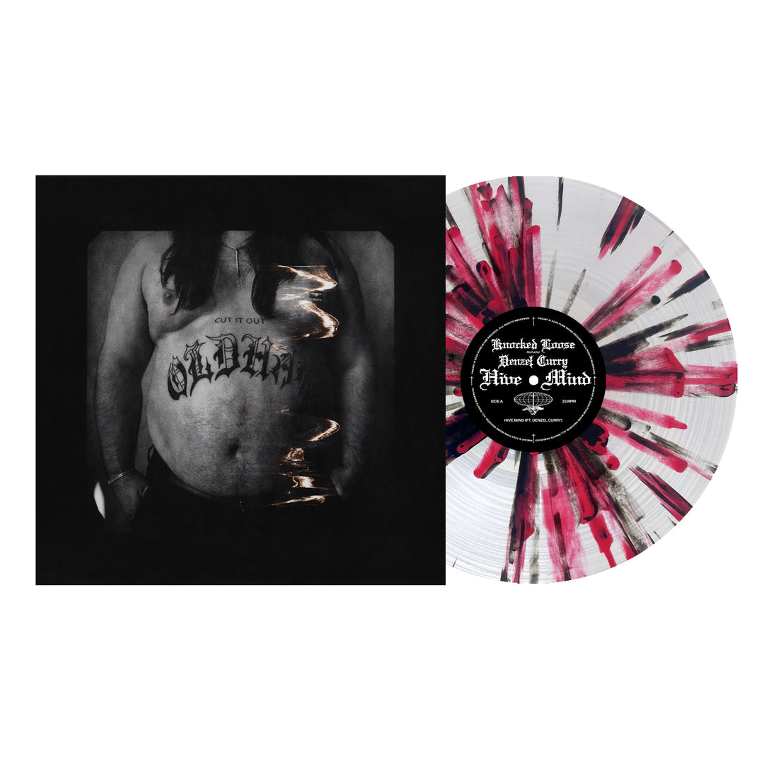 A Knocked Loose vinyl pressing with black and pink splatters sits beside its album cover, showing a black-and-white photo of a shirtless, tattooed person with long hair—ideal for fans of Hive Mind aesthetics.