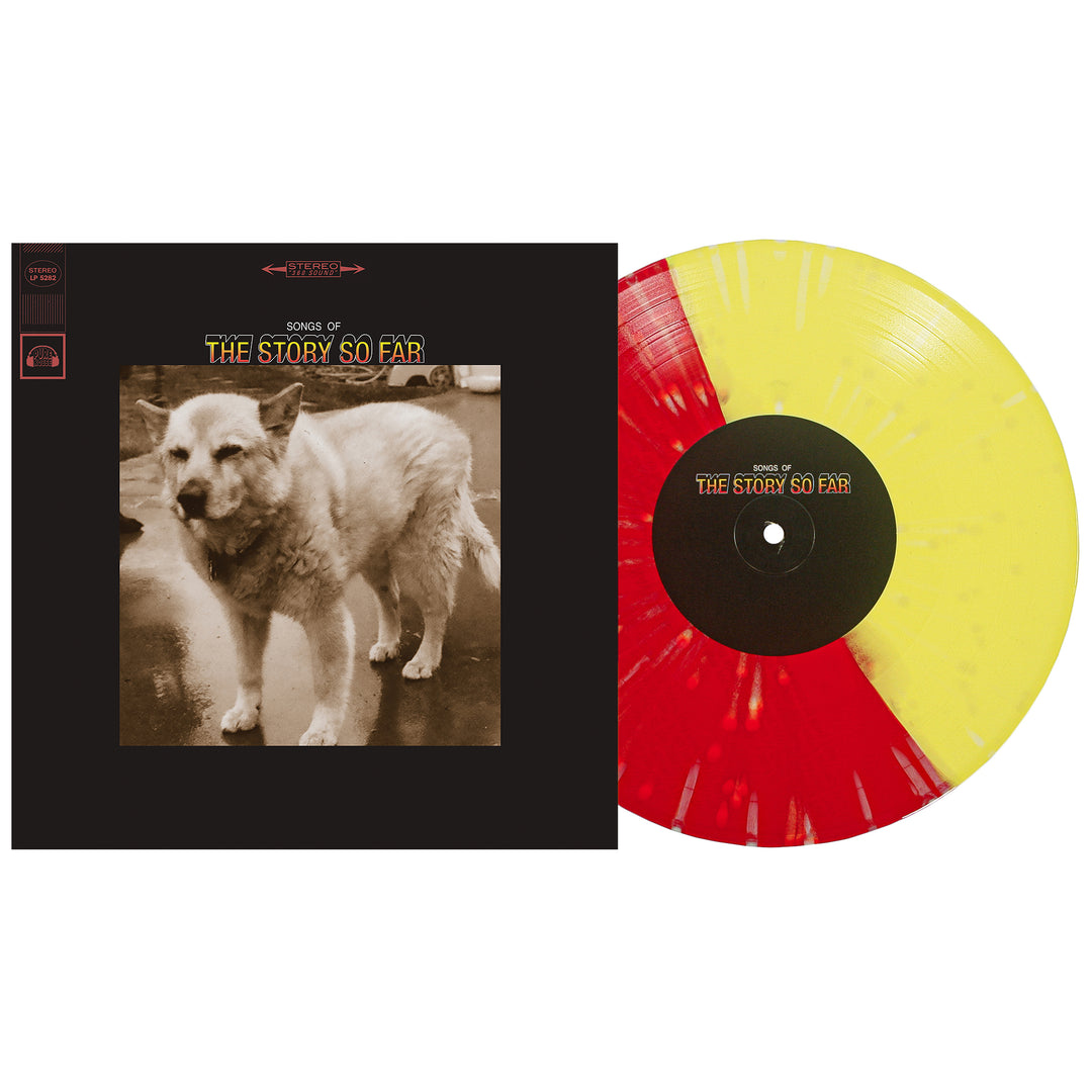 The Story So Far’s "Songs Of The Story So Far" album includes a sepia dog photo cover and a vinyl in bold Half Blood Red and yellow colors.