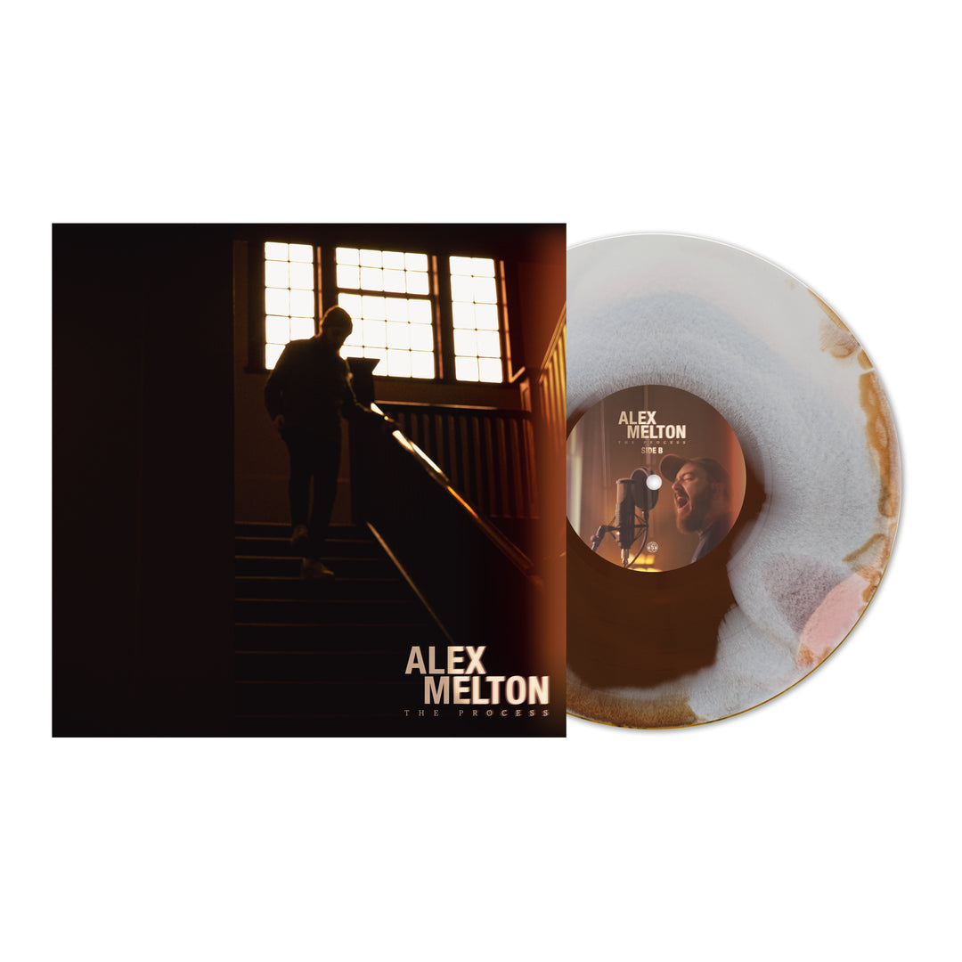 Album cover and marbled Brown White Pink Aside Bside vinyl for The Process Vinyl LP by brand Alex Melton. Features a silhouette on a staircase lit by sunlight, with the album title and artist image on the vinyl label.