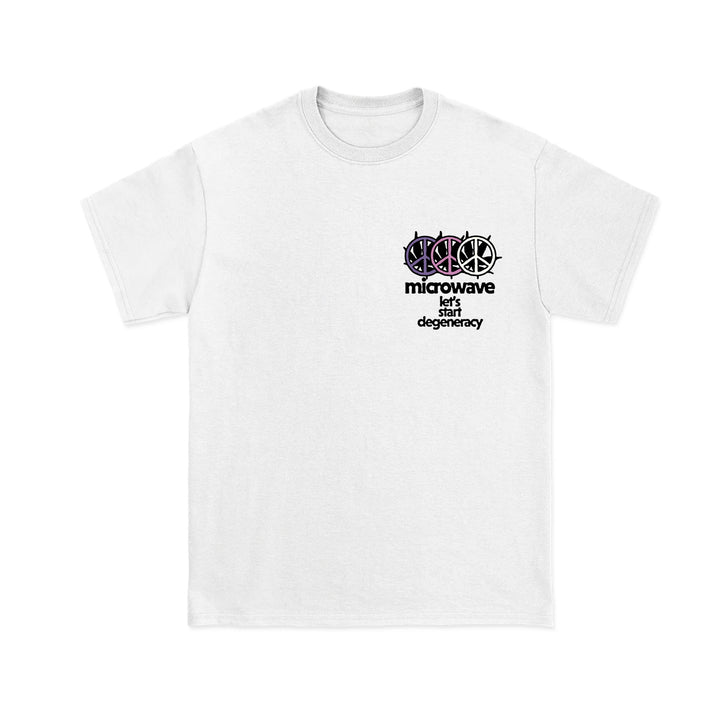 White Microwave brand Comfort Colors T-shirt featuring a small upper-left chest graphic with four purple and black microwaves above the text "microwave lets start degeneracy." Ideal for fans of unique printed tees.