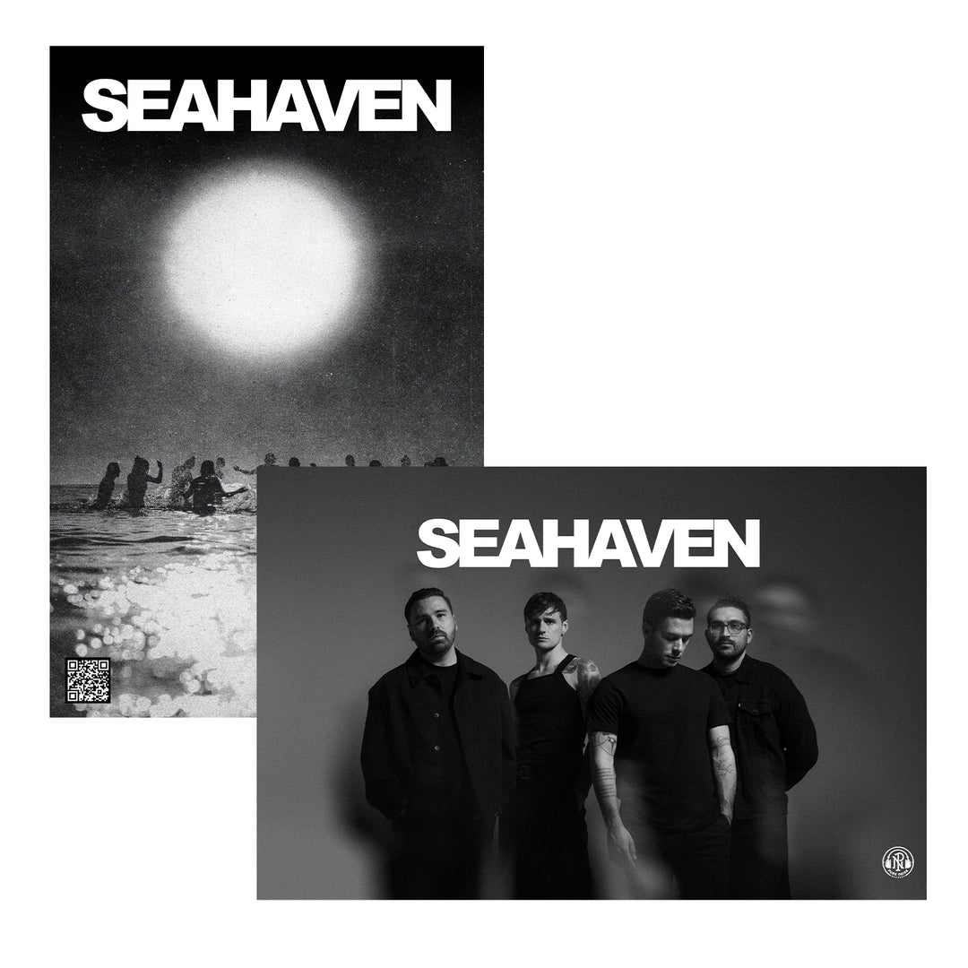 These two Seahaven 11x17 black-and-white posters feature people in water under a bright sun and the four band members in dark clothing with "SEAHAVEN" above, making them ideal for fans or as stylish room decor.