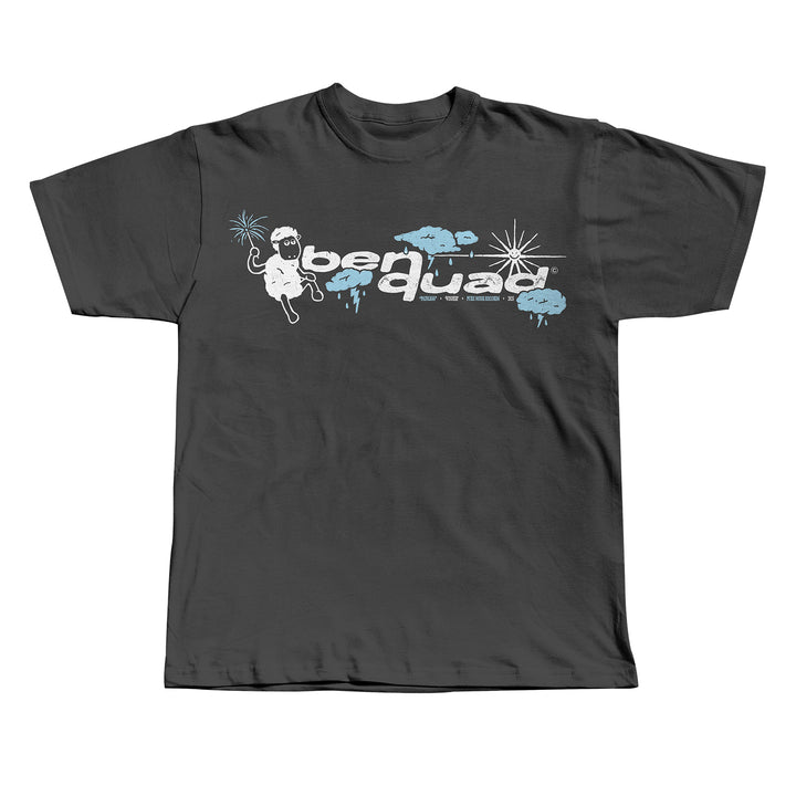 Ben Quad’s dark gray T-shirt showcases a playful cartoon character with a sparkler, ben quad text, blue splashes, stars, clouds, and a hidden Sheep Pepper detail for added whimsy across the chest.