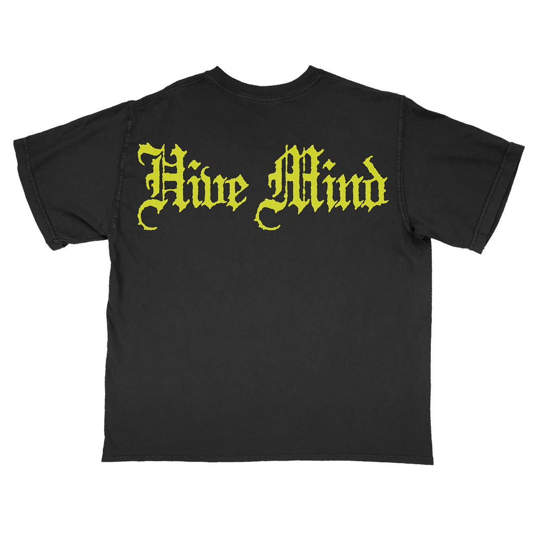 A black Knocked Loose T-shirt featuring "Hive Mind" in large, bright yellow Gothic lettering across the back—ideal for fans of bold printed tees.
