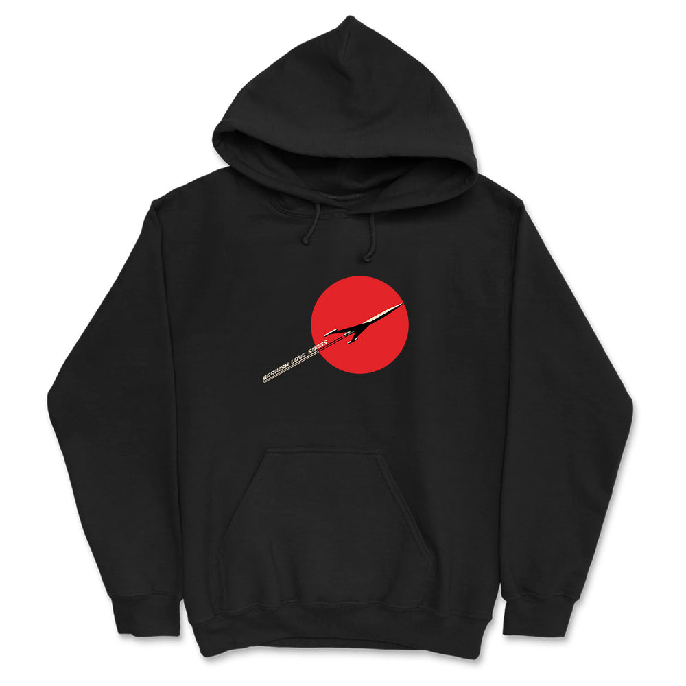 The Spanish Love Songs Rocket Black hoodie features a bold red circle and electric guitar graphic across the chest, text along the neck, a front pocket, and drawstring hood—ideal for music lovers.