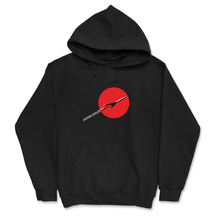 The Spanish Love Songs Rocket Black hoodie features a bold red circle and electric guitar graphic across the chest, text along the neck, a front pocket, and drawstring hood—ideal for music lovers.