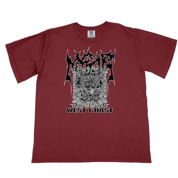 A maroon Mugshot t-shirt with a black and white graphic of distorted text, faces, hands, bold WEST COAST, and subtle All The Devils Are Here details beneath the artwork.