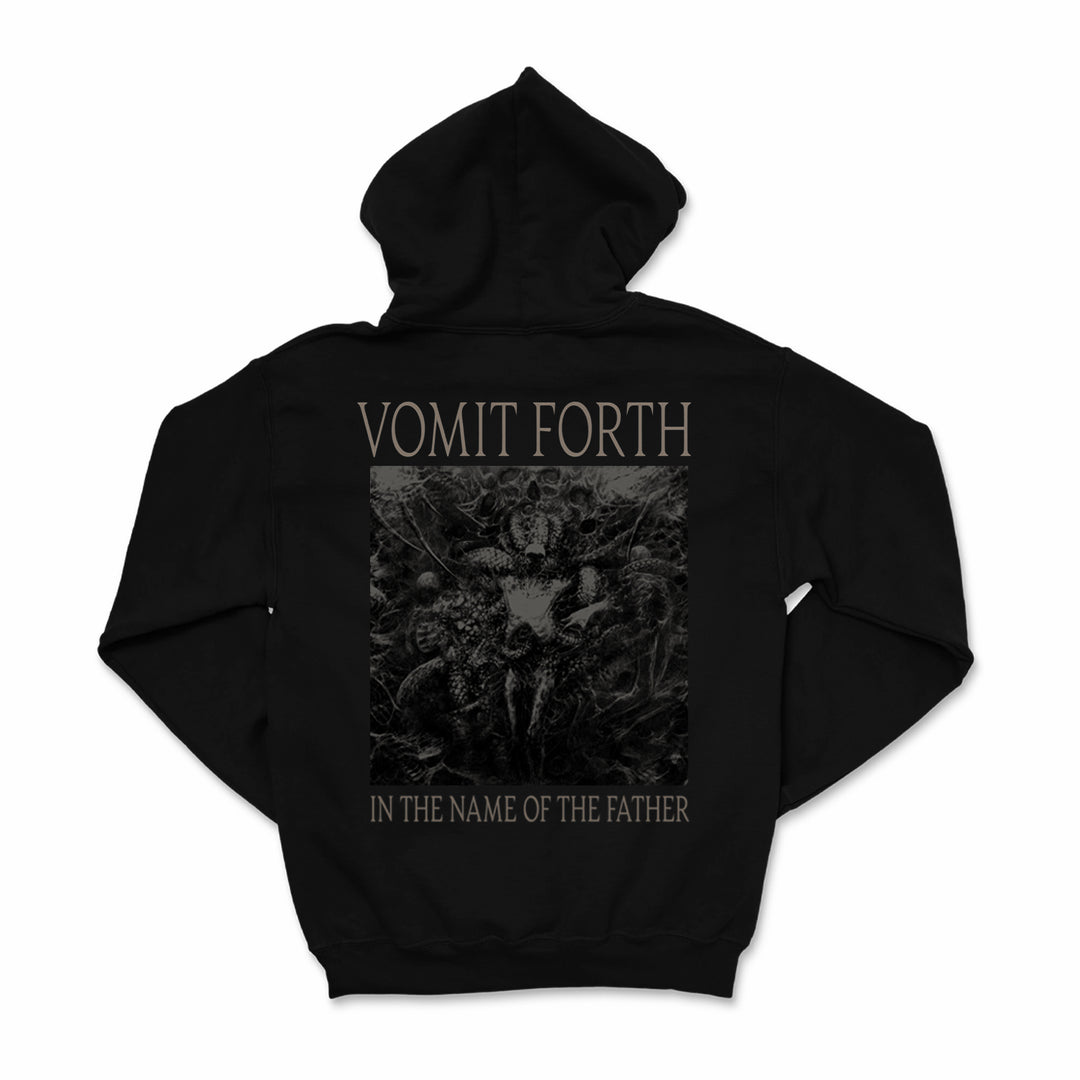 A black printed hoodie by Vomit Forth featuring "VOMIT FORTH" and "IN THE NAME OF THE FATHER" framing a detailed, chaotic demonic illustration on the back—ideal for fans of striking custom streetwear.