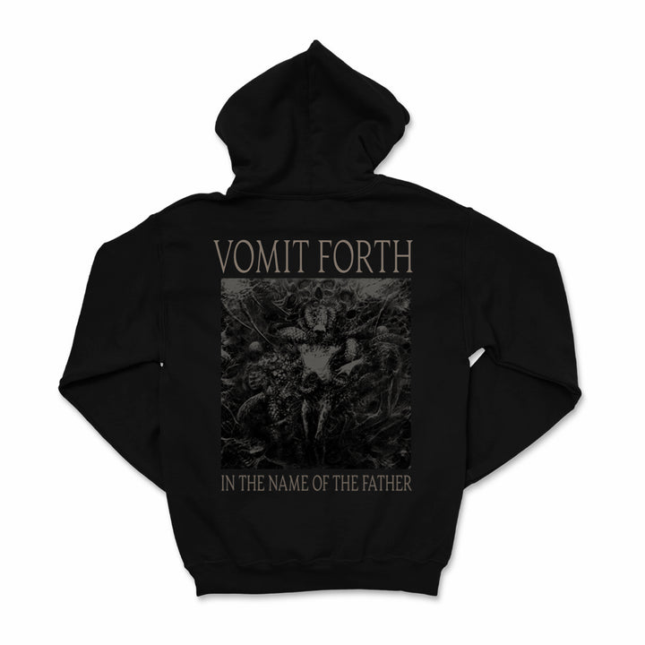 A black printed hoodie by Vomit Forth featuring "VOMIT FORTH" and "IN THE NAME OF THE FATHER" framing a detailed, chaotic demonic illustration on the back—ideal for fans of striking custom streetwear.