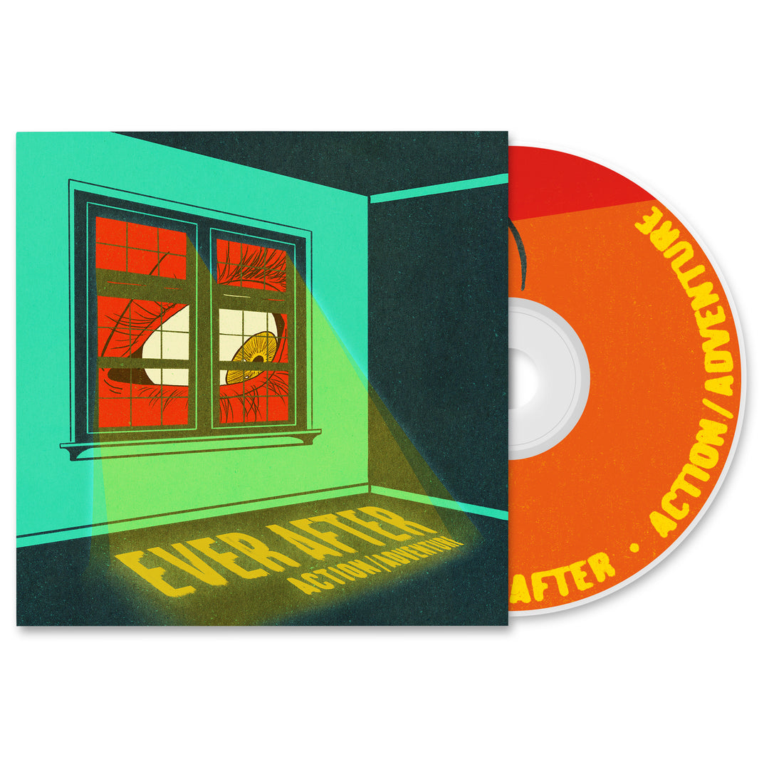 The Ever After CD by Action/Adventure is shown with its case. The case displays a room with an open window casting yellow light and EVER AFTER ACTION/ADVENTURE in the light. The CD itself is orange with yellow text.