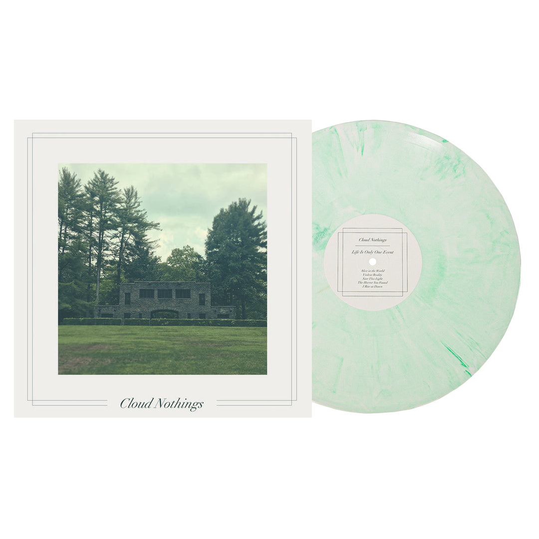 The Cloud Nothings Green Apple Cream Blend LP features a marbled light green finish and a cover with a house among tall trees. The band name appears at the bottom in a simple font—ideal for album presale.