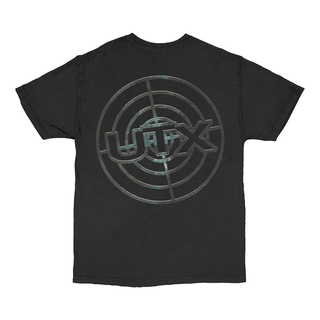 Black UNITYTX Comfort Colors tee with a metallic circular target design and bold “UTX” lettering on the back—custom apparel that stands out.