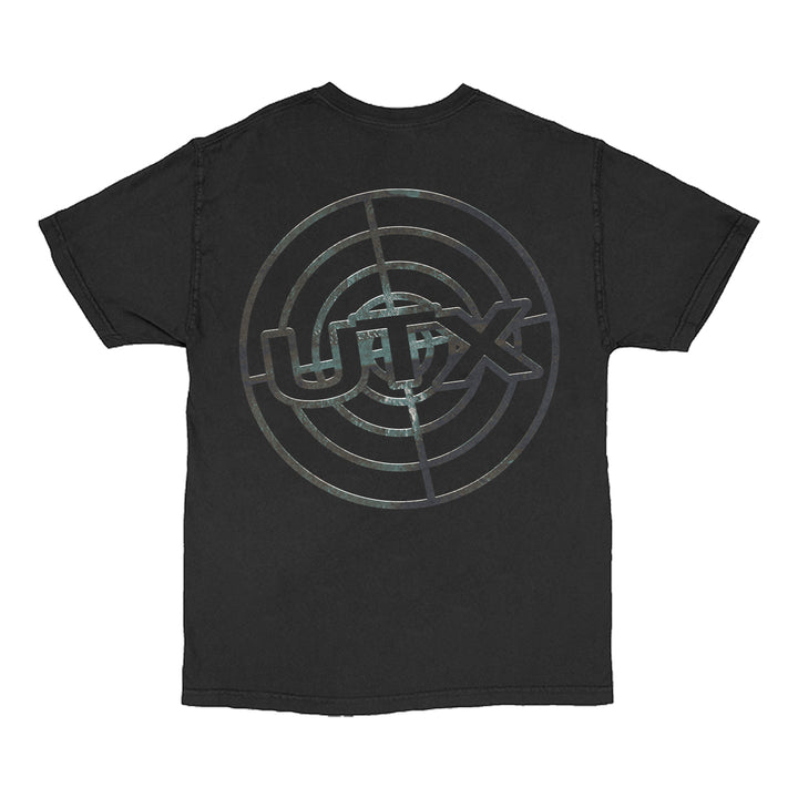 Black UNITYTX Comfort Colors tee with a metallic circular target design and bold “UTX” lettering on the back—custom apparel that stands out.