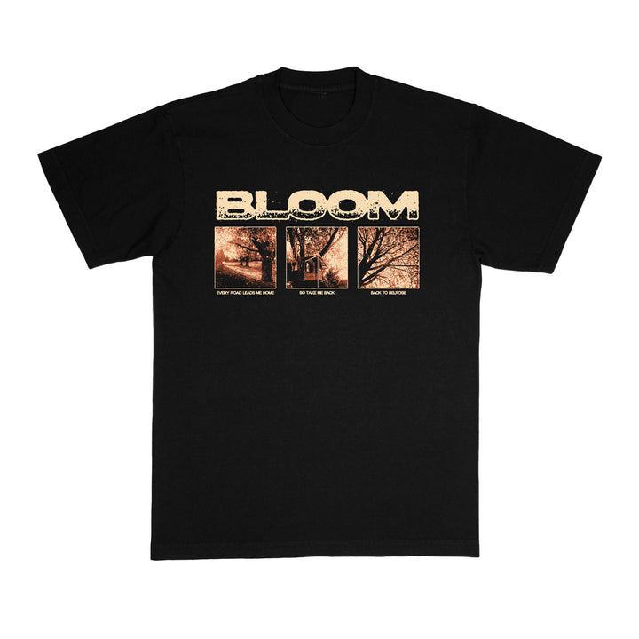 Black t-shirt by Bloom featuring “BLOOM” in large distressed beige letters above three sepia-tone photos of trees and buildings with small captions—a casual take on women’s fashion.