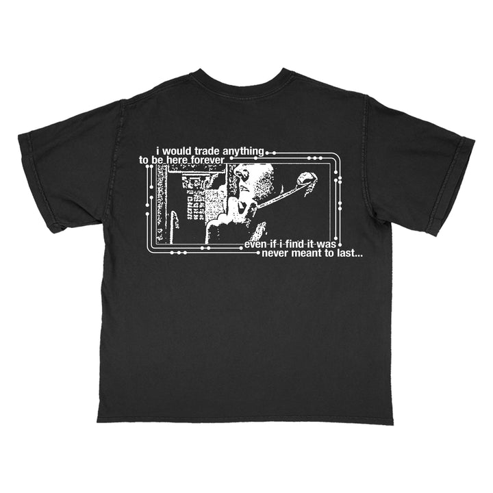 Chamber black Comfort Colors t-shirt with a white graphic of a person singing into a mic. Features the text: “i would trade anything to be here forever even if i find it was never meant to last…”.