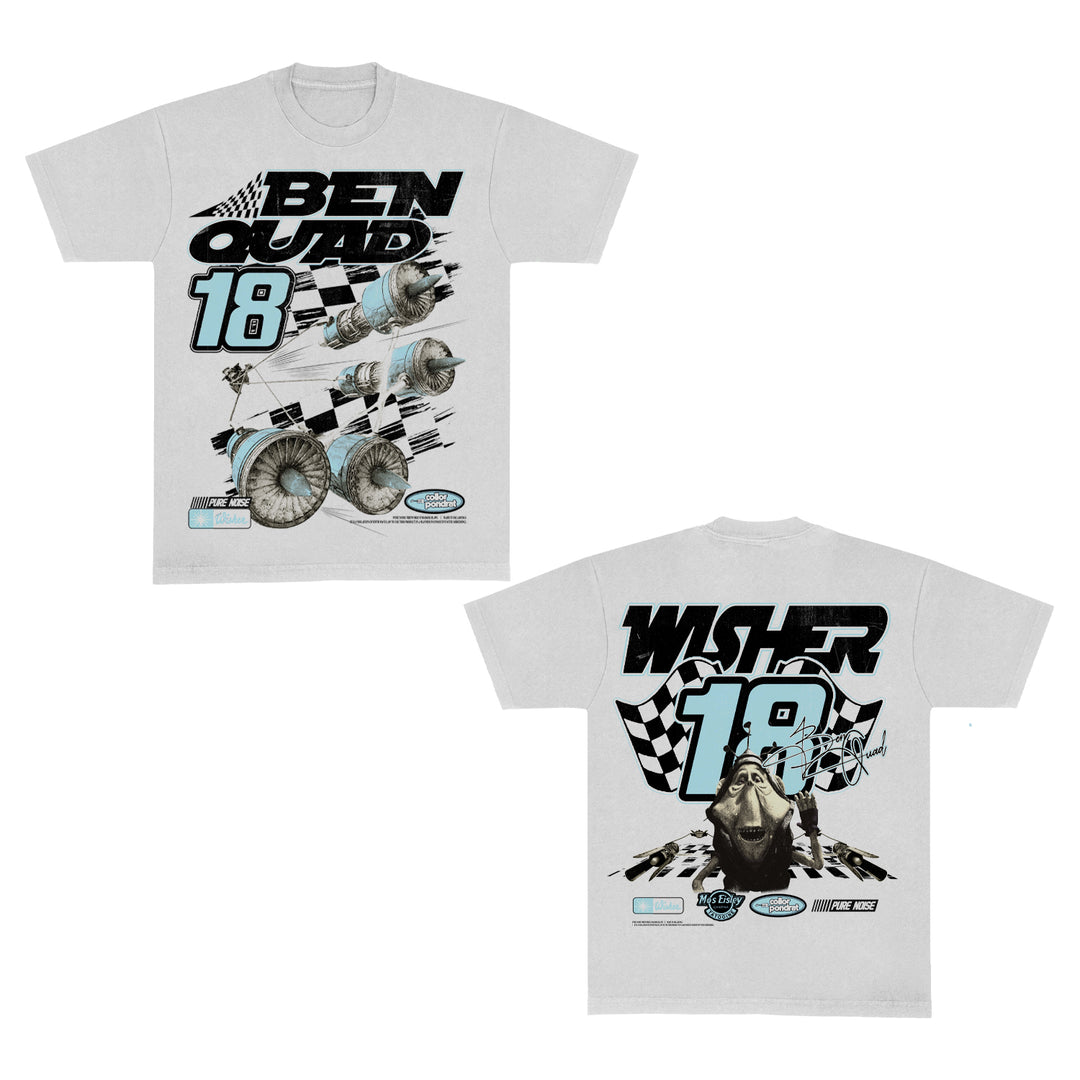 Front and back of a gray Ben Quad Comfort Colors t-shirt featuring “BEN QUAD 18” with racing art, wheels, and checkered flags on the front; “WASHER 18” above a stylized animal head and checkered flags on the back.