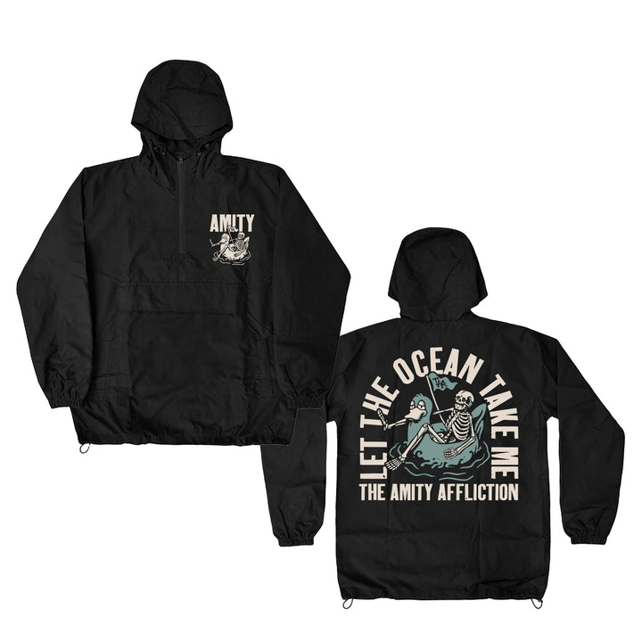 Floaty black hooded windbreaker by The Amity Affliction featuring a skeleton and wave graphic. AMITY appears on the chest; back reads LET THE OCEAN TAKE ME THE AMITY AFFLICTION, finished with a bold skeleton-in-wave design.