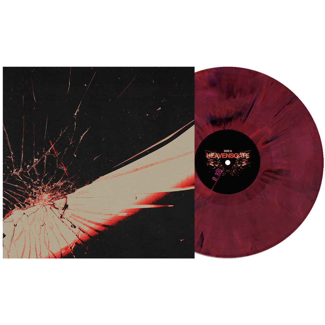 A marbled red and black Heavensgate Bloodlust Marble Vinyl LP sits beside its album cover, featuring shattered glass with red and beige accents on black. Ideal for collectors during the Album Presale.