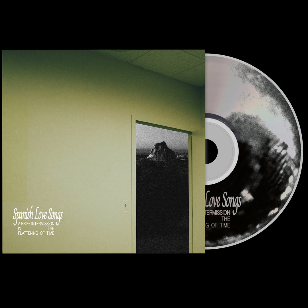 Spanish Love Songs – A Brief Intermission CD and cover. The pale yellow cover features a dimly lit room with an open door to a mountain. The presale includes the reflective A Brief Intermission In The Flattening Of Time CD, partly pulled out.