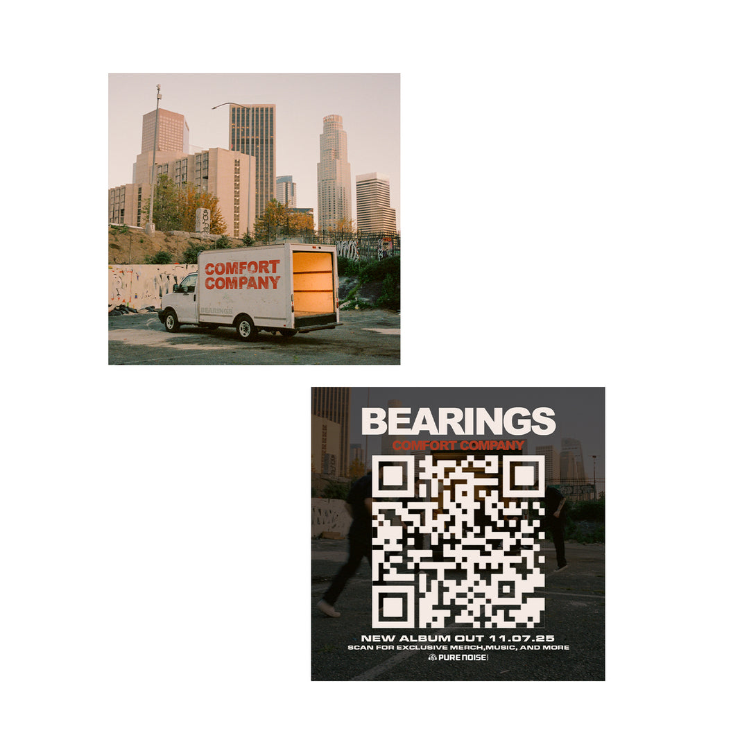 Two images: a Bearings van parked before a city skyline, and a QR code featuring Bearings with album release info—New album out 11.07.95.