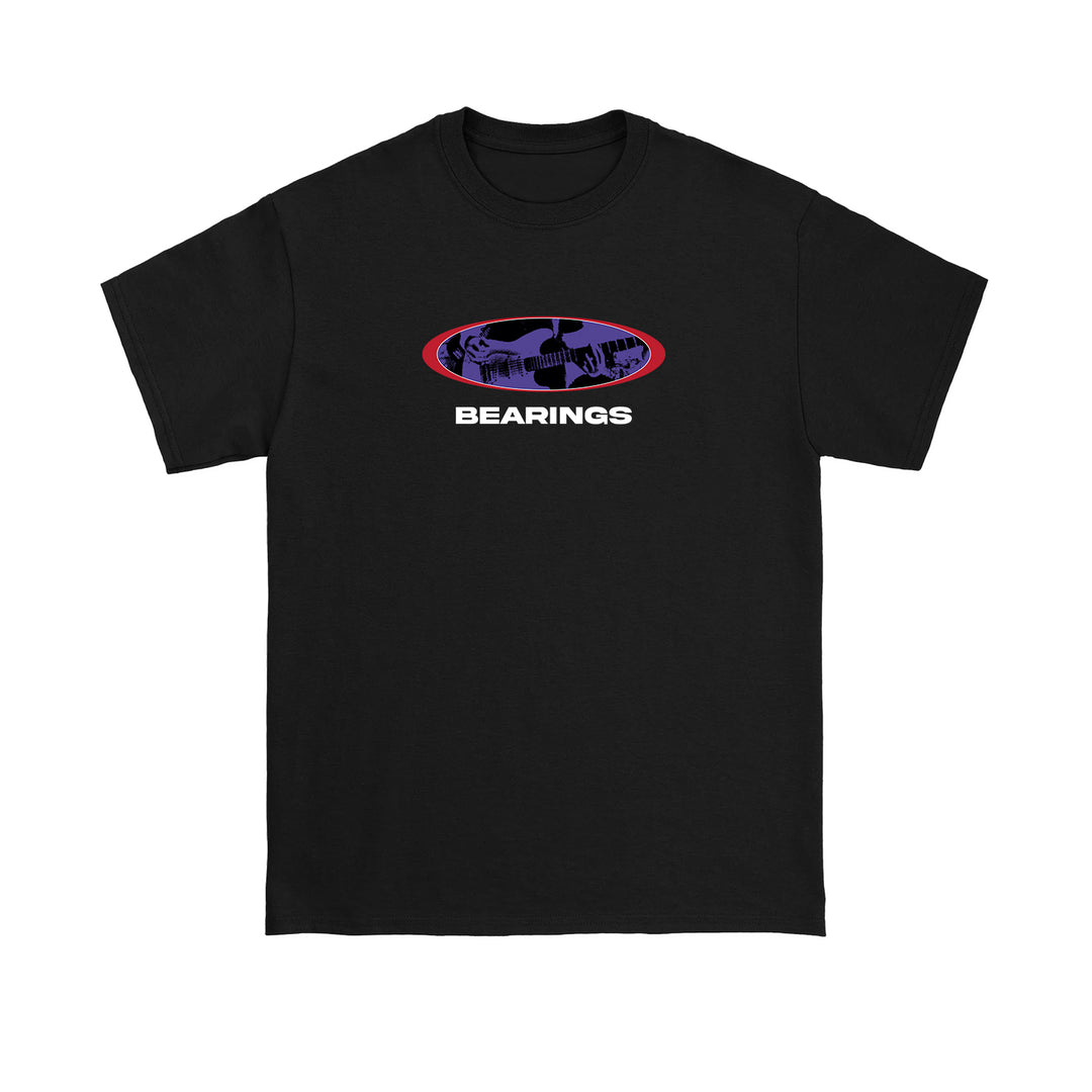 Bearings black T-shirt with a stylized purple and black guitar graphic inside a red oval above the bold white Bearings logo.