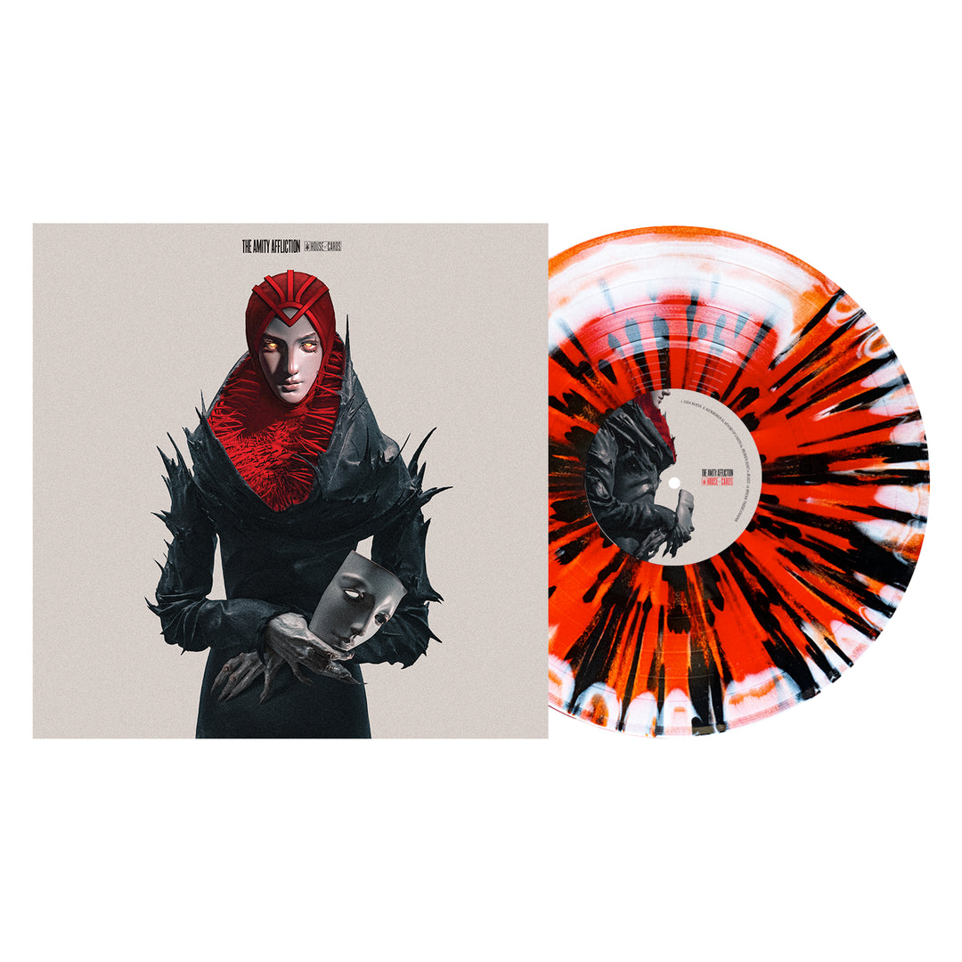 The Amity Affliction’s album cover shows a figure in dark, spiked clothes holding a mask, face partly hidden by a red headdress. The House Of Cards vinyl comes in vivid Blood Red & White splatter—ideal for any LP presale.