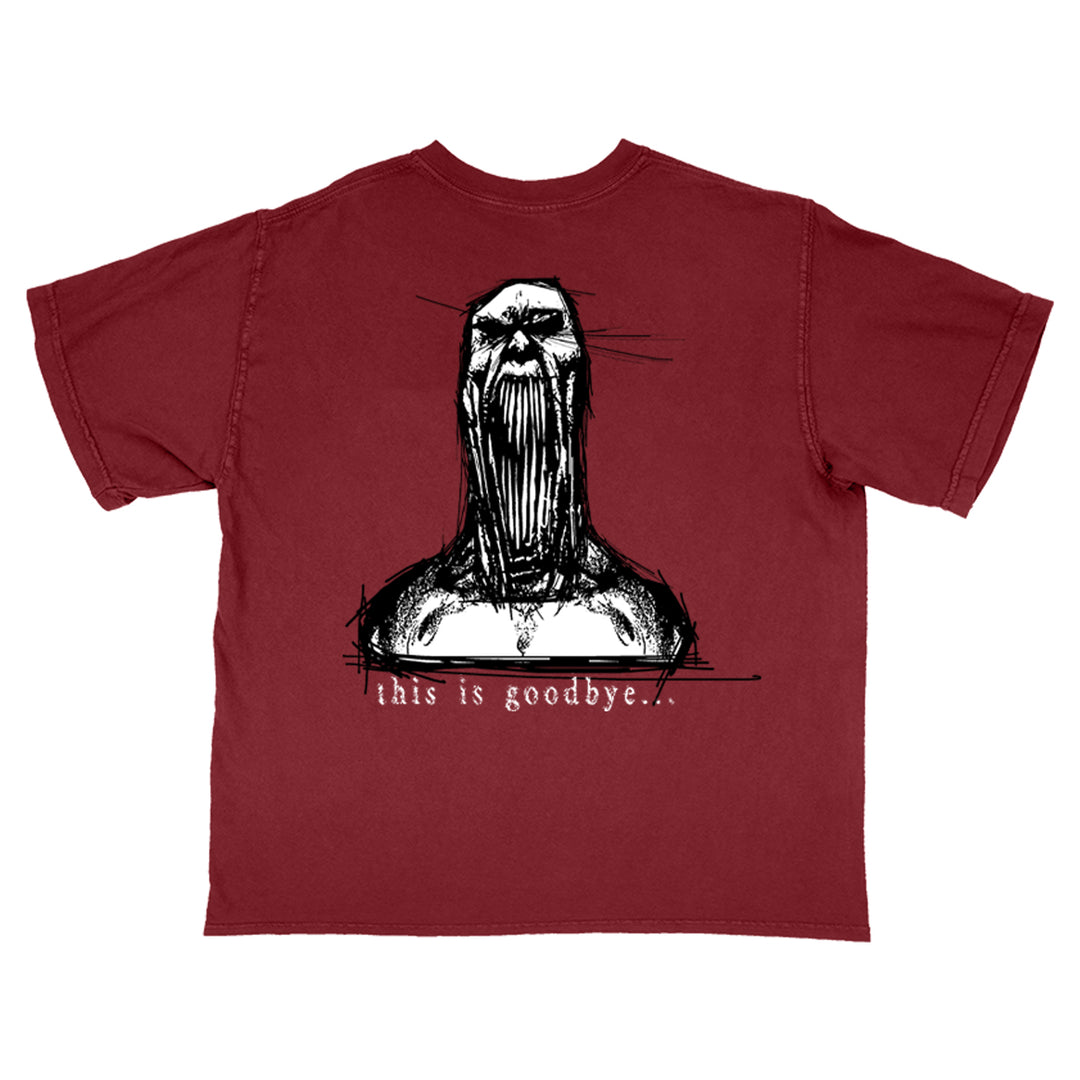 A maroon Chamber Comfort Colors shirt featuring a black and white sketch of a screaming figure with an elongated mouth and neck, with the text "this is goodbye" below the image.