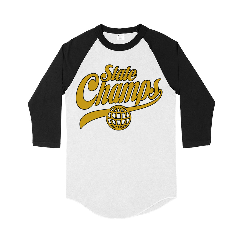 A State Champs white and black Tultex raglan baseball shirt with three-quarter sleeves features "State Champs" in large yellow script above a stylized globe graphic.