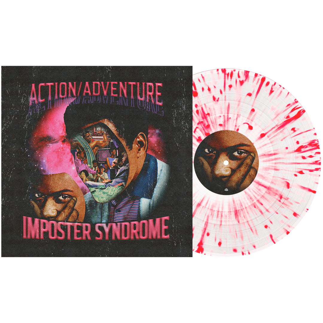 Action/Adventures Imposter Syndrome album cover shown beside a white vinyl with hot pink splatter. The vivid cut-away face art is ideal for indie retailers, offering a surreal and eye-catching addition to any collection.