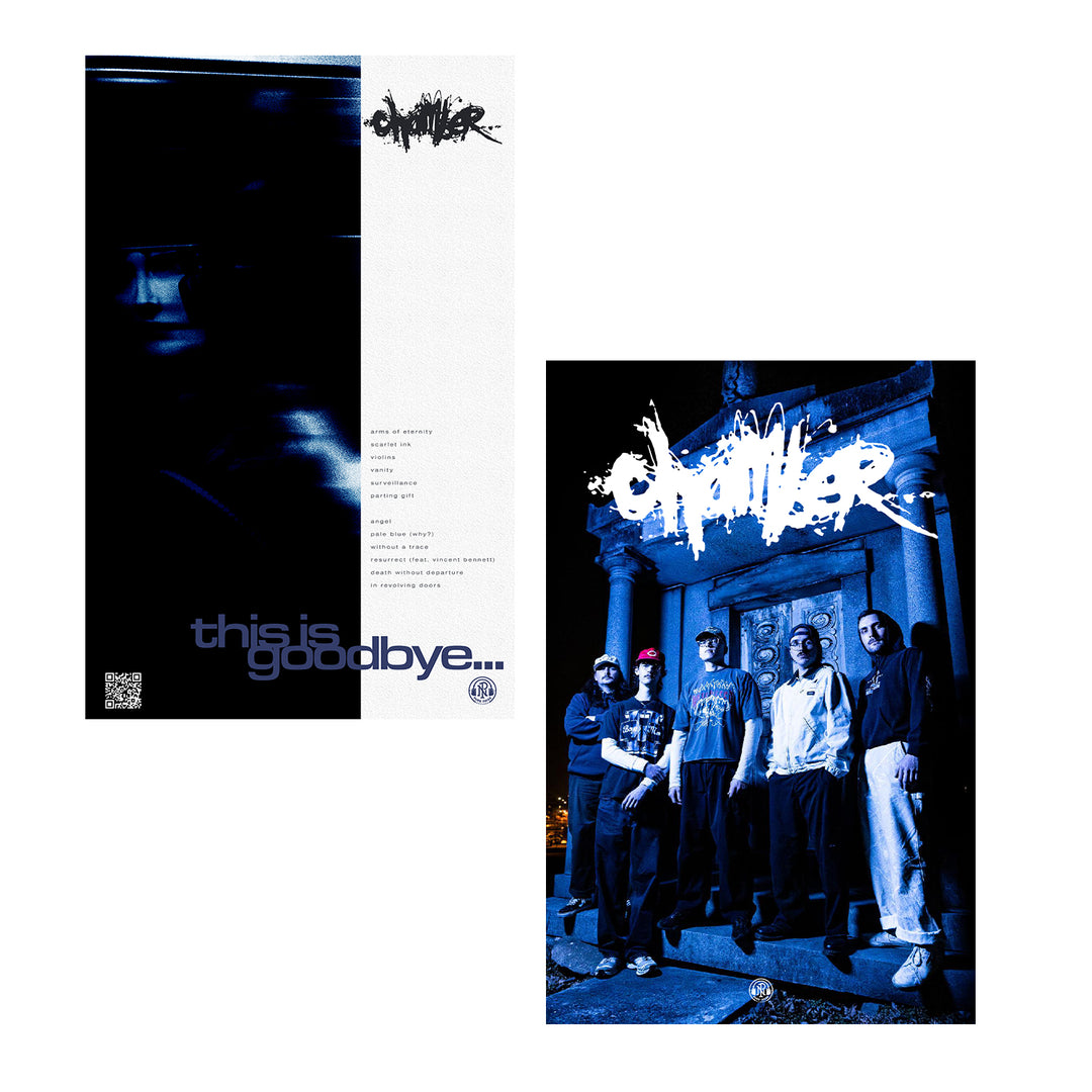 Five people from the band Chamber stand at night by a stone monument lit in blue, next to a blue-tinted 11x17 double-sided poster with abstract graphics, song titles, and the phrase "this is goodbye…".